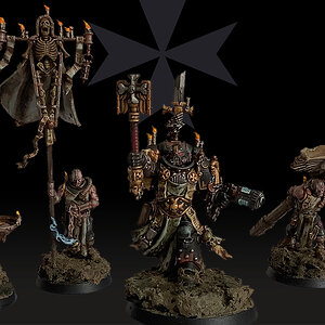 Grimaldus, Ordenspriester der Black Templars, mit Gefolge